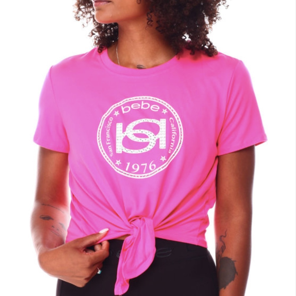 Bebe Interlock Crystal Logo Tie Front Tee Pink NWT